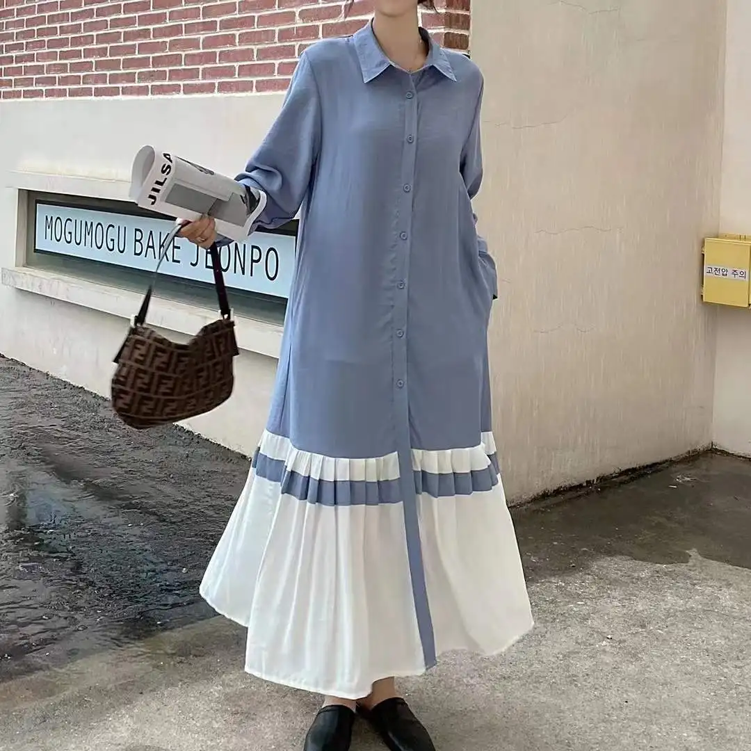 

SuperAen 2022 весеннее цветное Плиссированное лоскутное свободное платье трапециевидной формы с отложным воротником для женщин