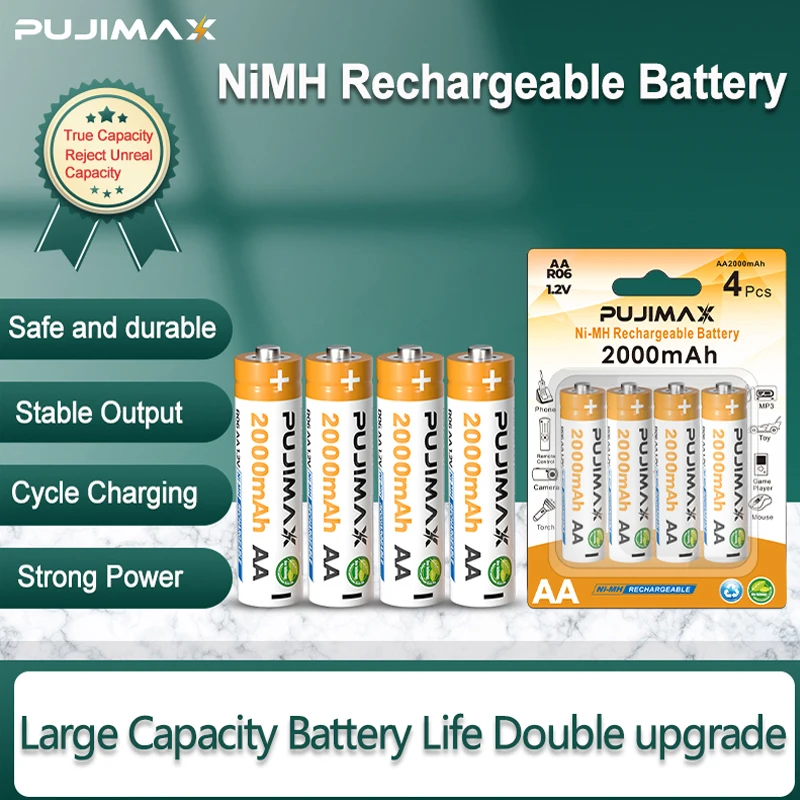 

PUJIMAX 4Pcs 1.2V AA Rechargeable Batteries 2000mAh Ni-MH 100% Original High Capacity Current Battery For Camera Toys Calculator