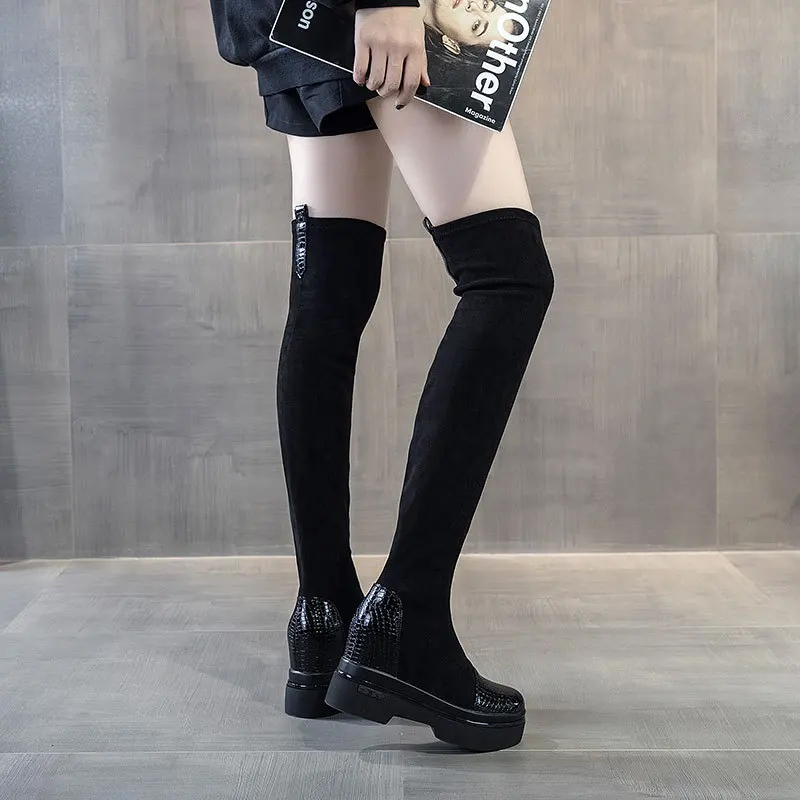 

Осень/Зима 2021, плюшевые сапоги выше колена для девочек, детские повседневные эластичные сапоги на толстой подошве, увеличивающие рост