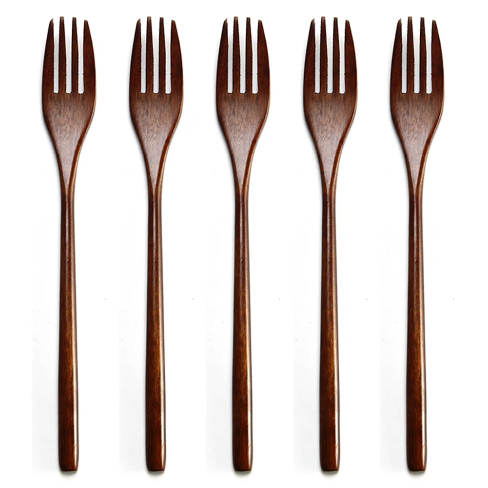 

5pcs Silver Fork For Kids Adult Flatware Eco-friendly Wooden Dinner Salad Japanese Dinnerware Cutlery Tableware