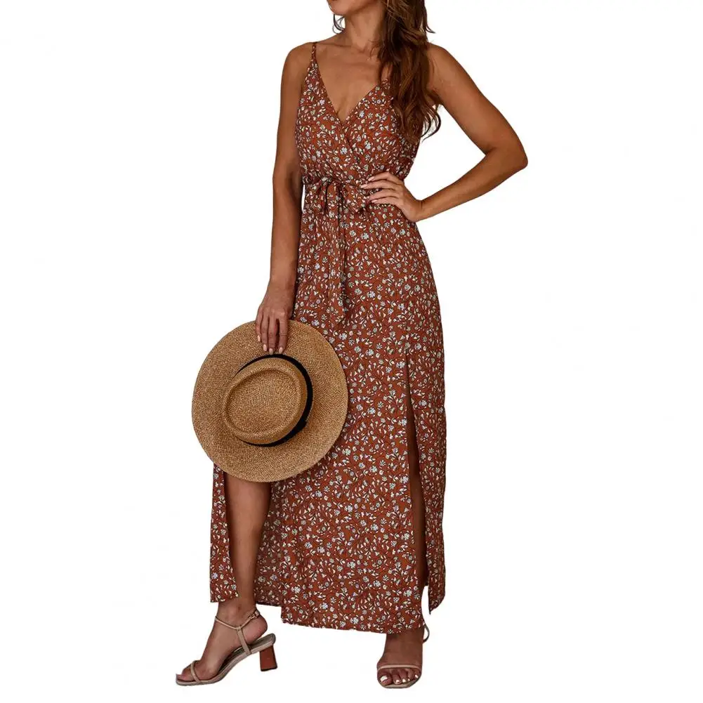 Holiday Dress Fashion Spaghetti Strap Printing Lace Up High Split Summer Dress Prom Dress Lady Dress Summer Dress