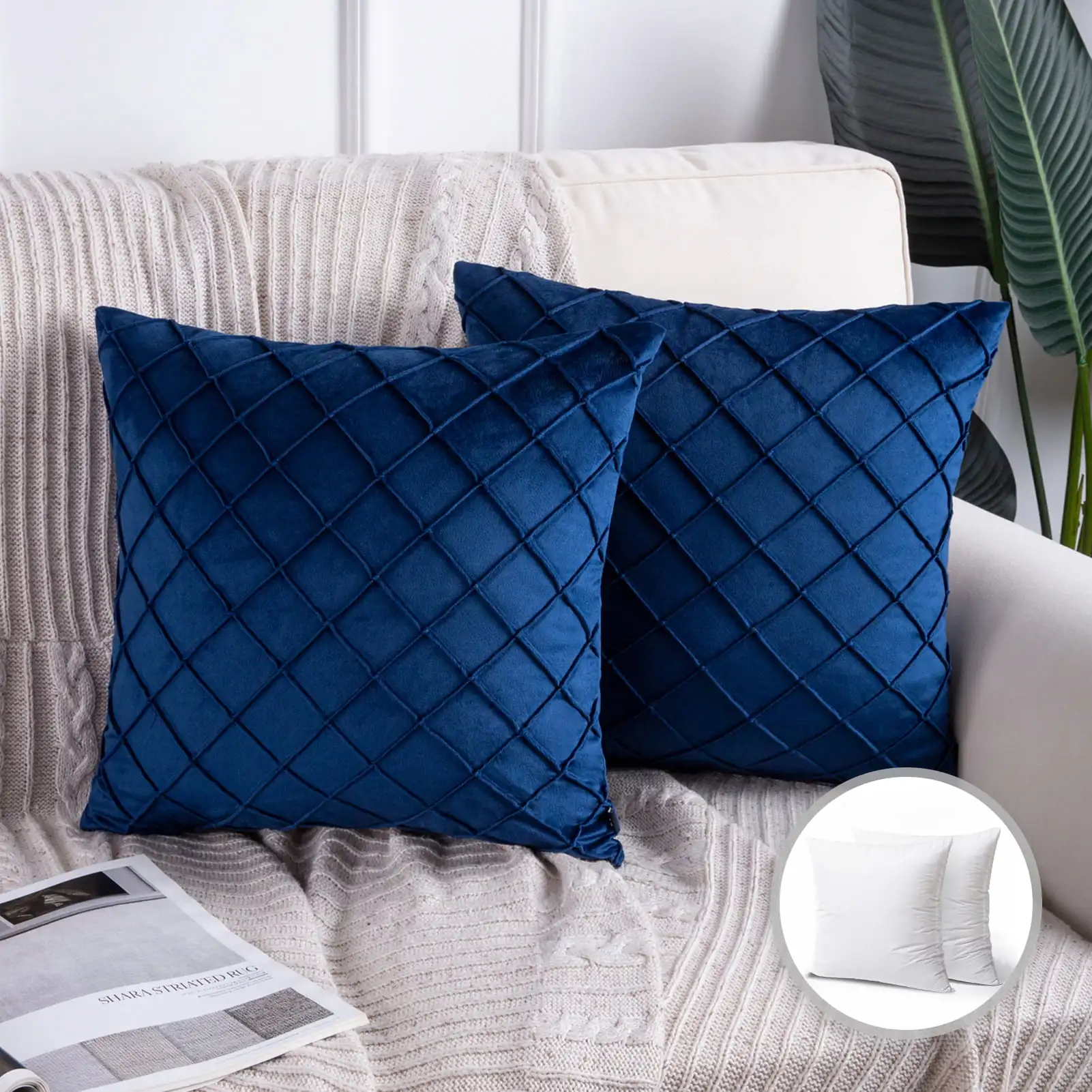 

Velvet Series Pleated Checker Decorative Throw Pillow, 18" x 18", Navy Blue, 2 Pack