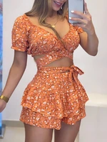 summer women vacation beach wear suit sets fashion ditsy floral print criss cross puff sleeve crop top skorts set two piece