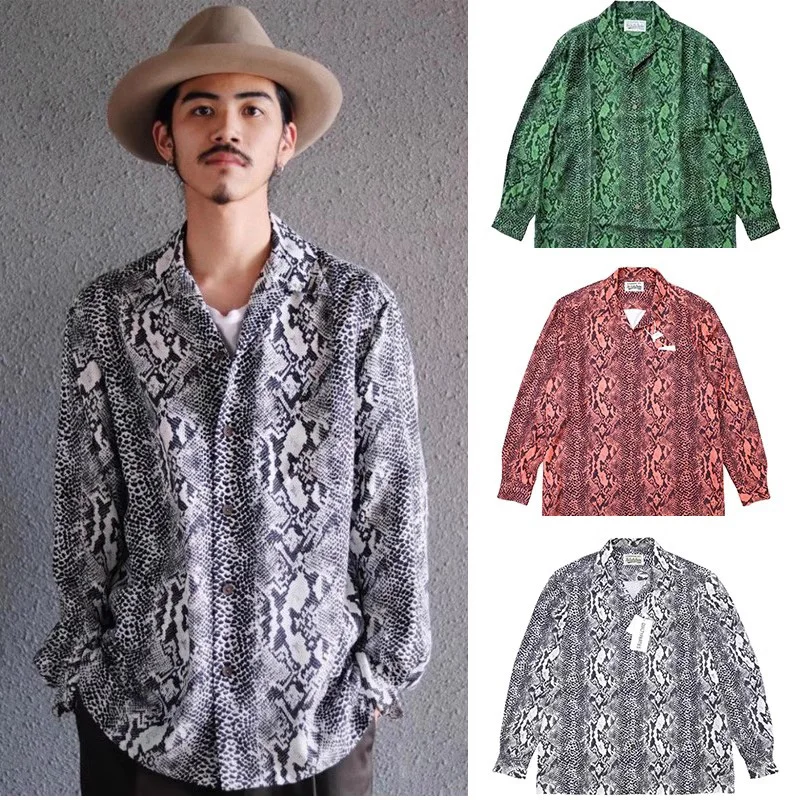 

Мужская рубашка в стиле Харадзюку WACKO, свободная рубашка с длинным рукавом и принтом в виде змеи Марии, уличная мода в стиле хип-хоп