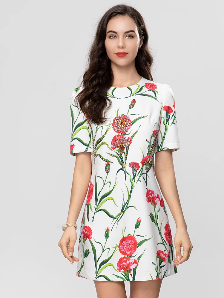 

MoaaYina, новое модное дизайнерское летнее женское платье с круглым вырезом, коротким рукавом, бриллиантами, цветочным принтом, мини-платья