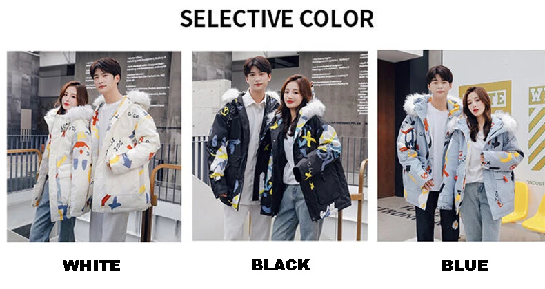 Graffiti Puffer Jacket Men Winter Thicken Warm Overcoat Jacket With Fur Collar Hip Hop Streetwear Jackets Men Fashion Clothing