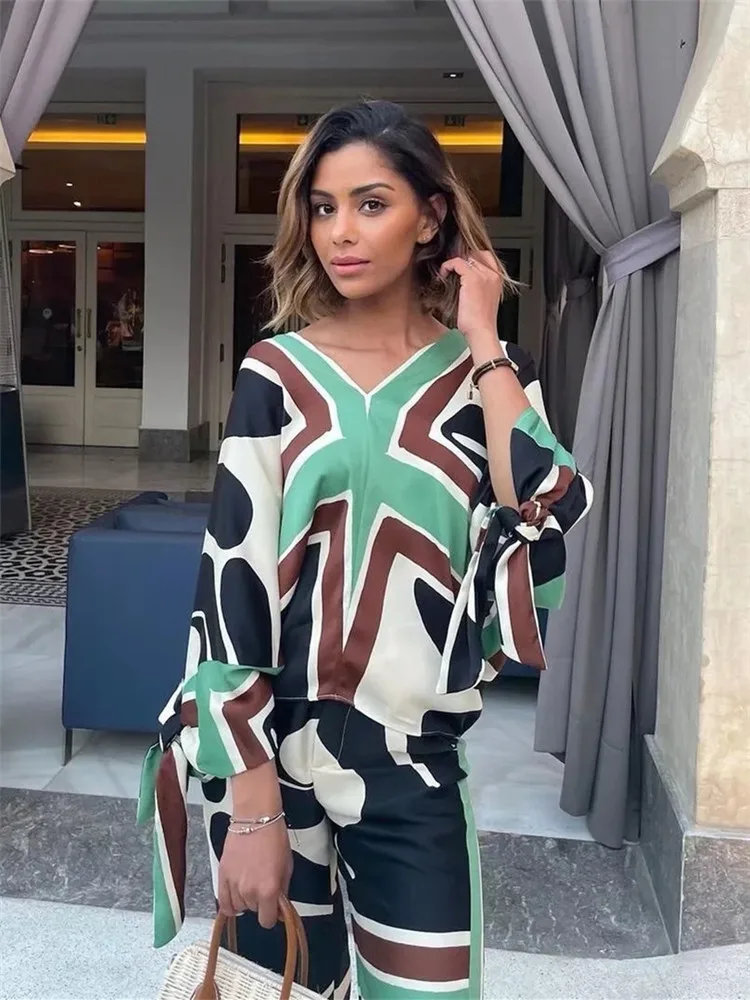 Брюки TRAF женские с принтом винтажные повседневные мешковатые штаны завышенной