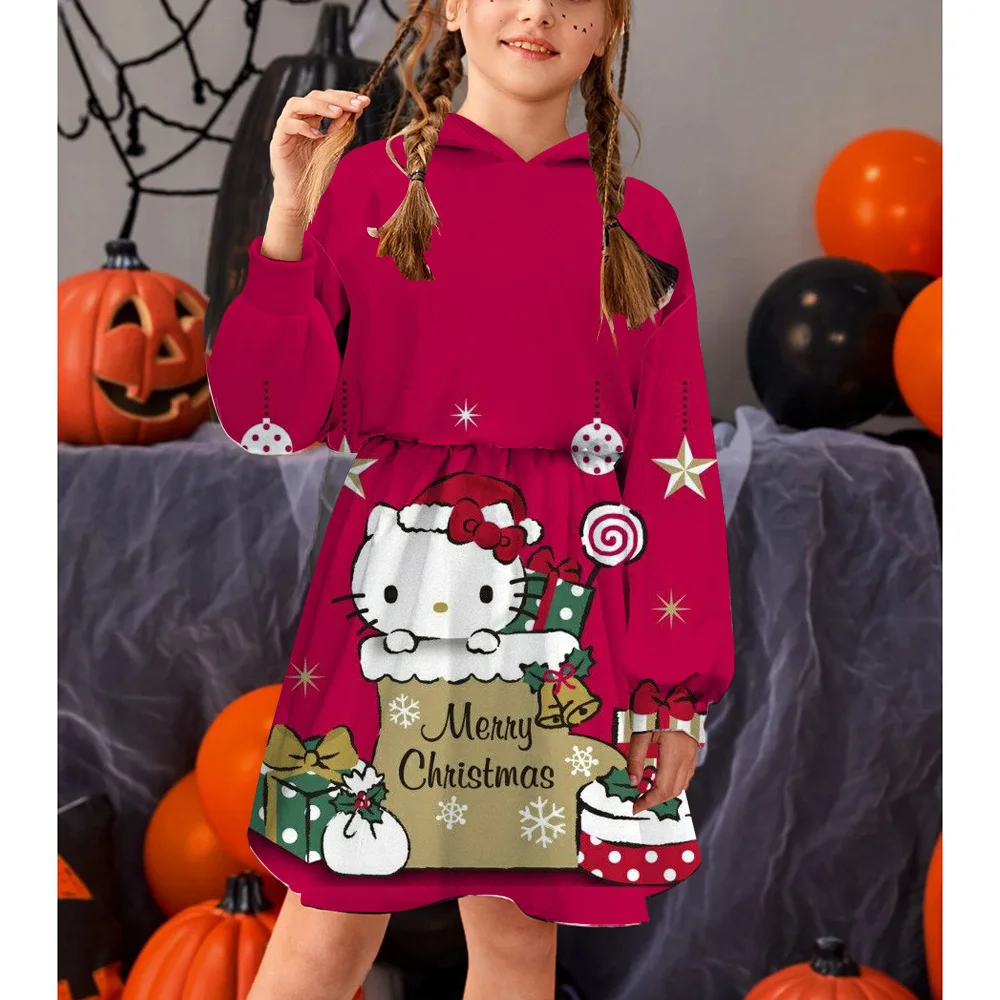 

Новинка, детское рождественское платье Hello Kitty для принцессы, пуловер с принтом, платье с капюшоном, Повседневное платье с героями мультфиль...