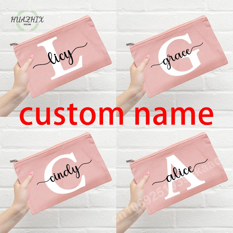 

Personalized Name Women Makeup Bag Pink Canvas Cosmetic Cases Bridesmaid Handbag Custom Travel Outdoor Party Wedding Gifts Purse