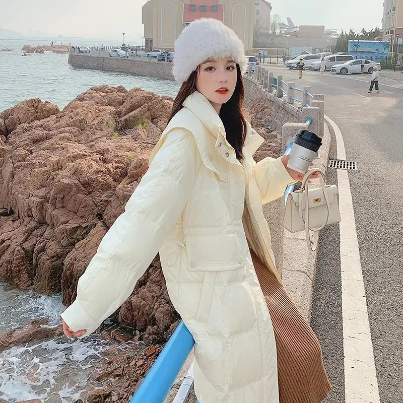 2022 New Navy Collar White Down Jacket Women's Winter Medium Length Korean Fashion Coat Thick Warm Famale Clothing Parkas Tops