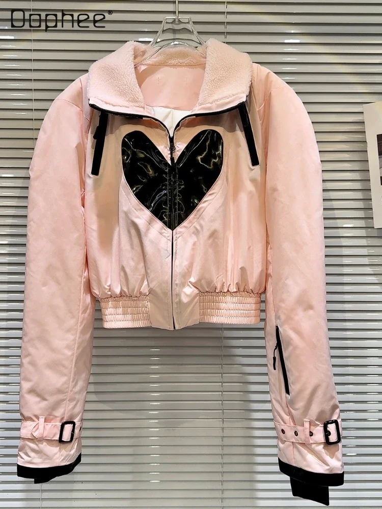 Feminina Frio Streetwear Pink Love Picture polarowy kołnierz płaszcze zimowa gorąca dziewczyna bawełniana odzież kurtka pikowana dla kobiet