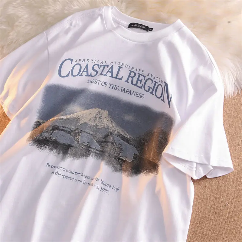 

American Vintage Snow Mountain Heavy Duty Short Sleeve T-shirt Men and Women INS Summer Loose Relaxed Pure Cotton Couple Y2k Top