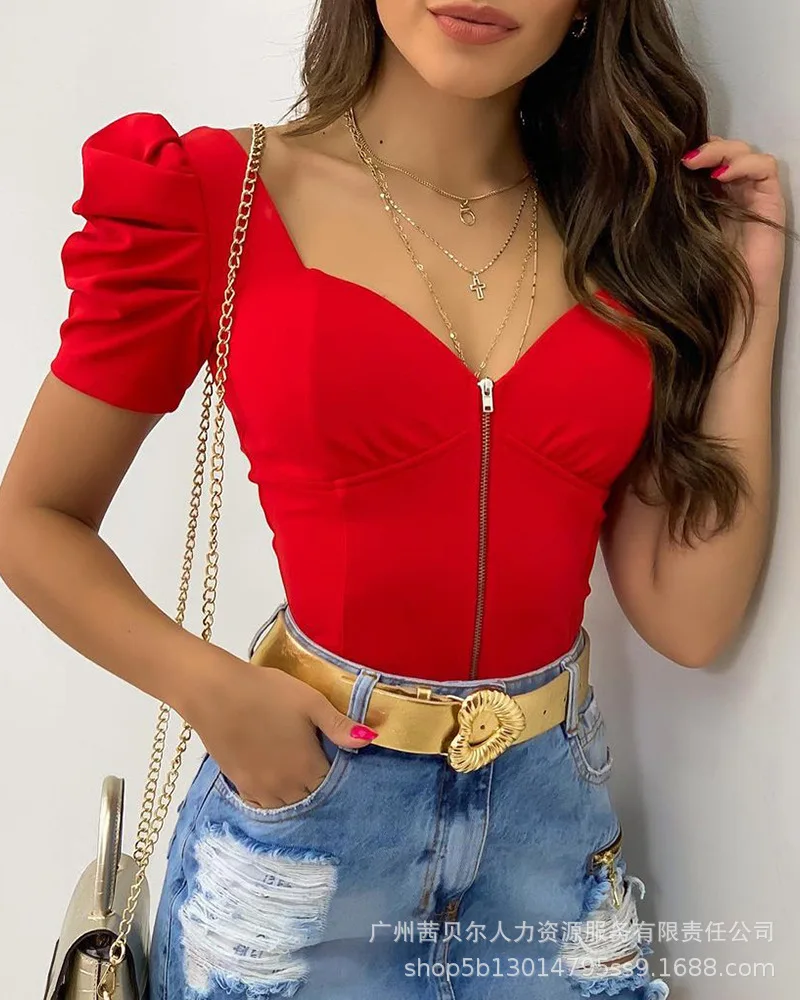 

Топ женский с квадратным вырезом, пикантный Модный повседневный однотонный офисный топ на молнии с пышными рукавами, лето 2022