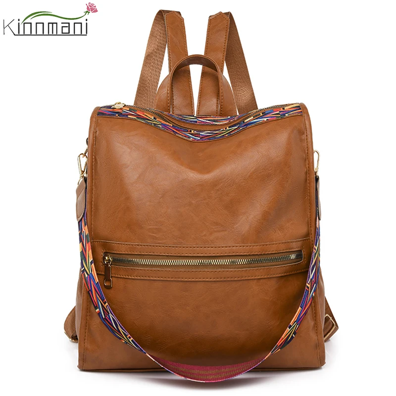 

Women Large Capacity Backpack Fashion Wide Straps Casual Shoulder Bags 2023 Women Designer Retro PU Leather Anti-theft Backpacks