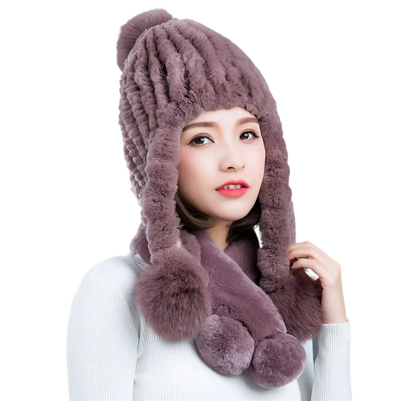Rex Rabbit Fur Hat Women Winter Autumn And Winter Fox Fur Ball Thickening  Outdoor Warm Ear Protection Hat  Korean Version Trend