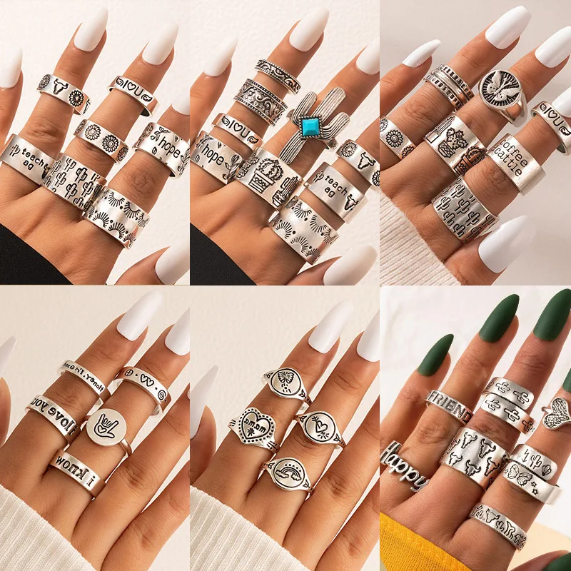 

Hiphop Letter Love Butterfly Ring Set for Men and Women Aesthetic Retro Punk Silver Plated Heart Chain Finger Ring Jewelry