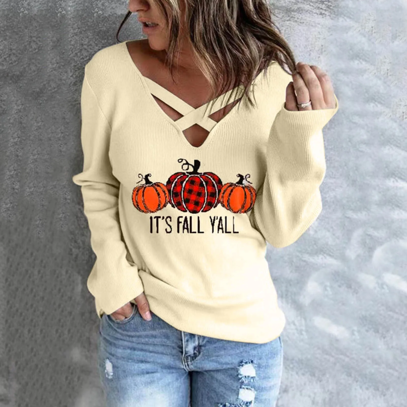 

Women Fashion Cross V Neck Top Halloween Long Sleeve Loose Pumpkin Print T Shirt Tunic Womens Buttoned Casual Vintage Blouse