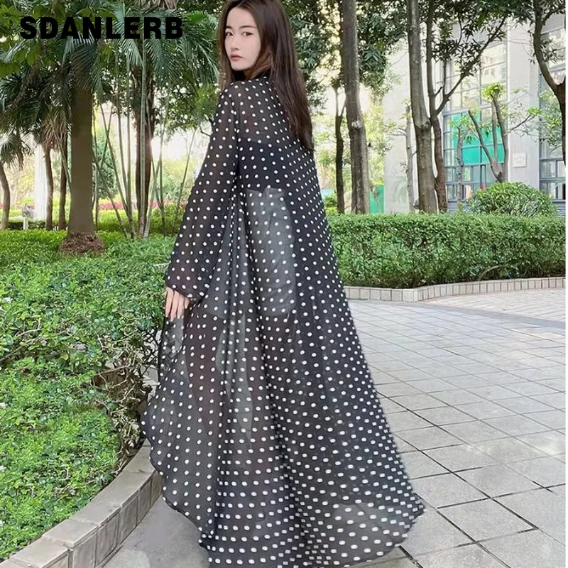 

Polka Dot Sun Protection Clothing Long Loose Shawl Black Outer Wear Shirt Fairy Seaside Vacation Chiffon Cardigan Coat for Women