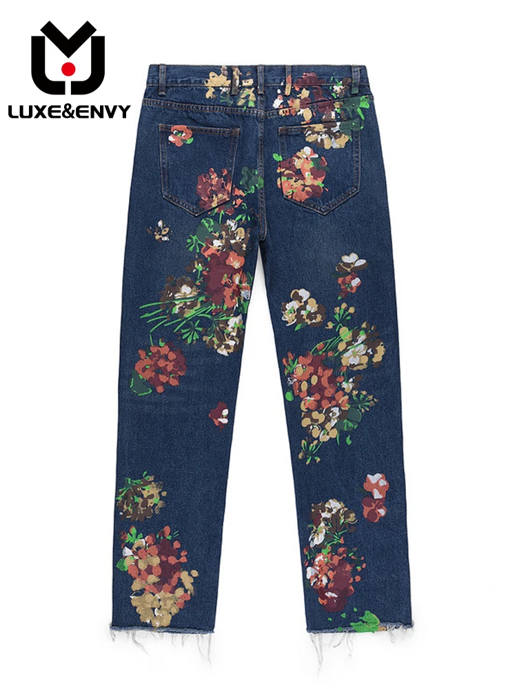 

Джинсы LUXE & ENVY, джинсы с цветочным узором и брызгами, новинка 2023, повседневные длинные брюки, нишевые дизайнерские брюки