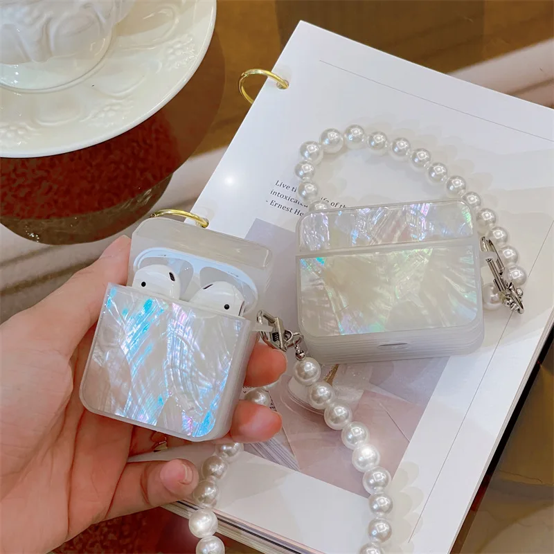 

Square Laser Shell Pearl Chain Case for AirPods 1 / 2 / 3 Pro Case Cover TWS Bluetooth Earbuds Accessories Protective Case Cover
