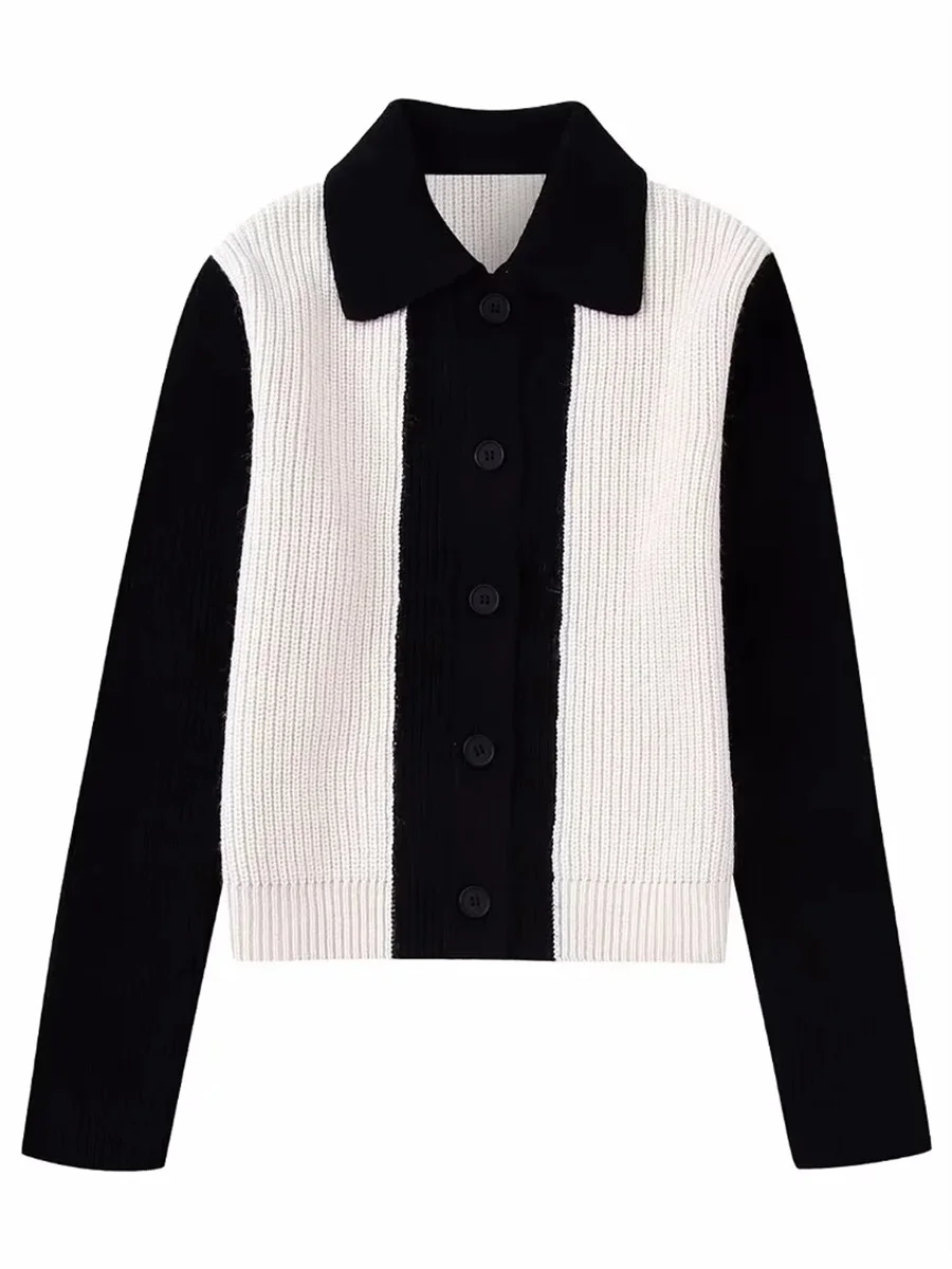 

Женская трикотажная прямая верхняя одежда в стиле пэчворк, новинка 2022, однобортный Повседневный женский топ с длинными рукавами и отложным ...