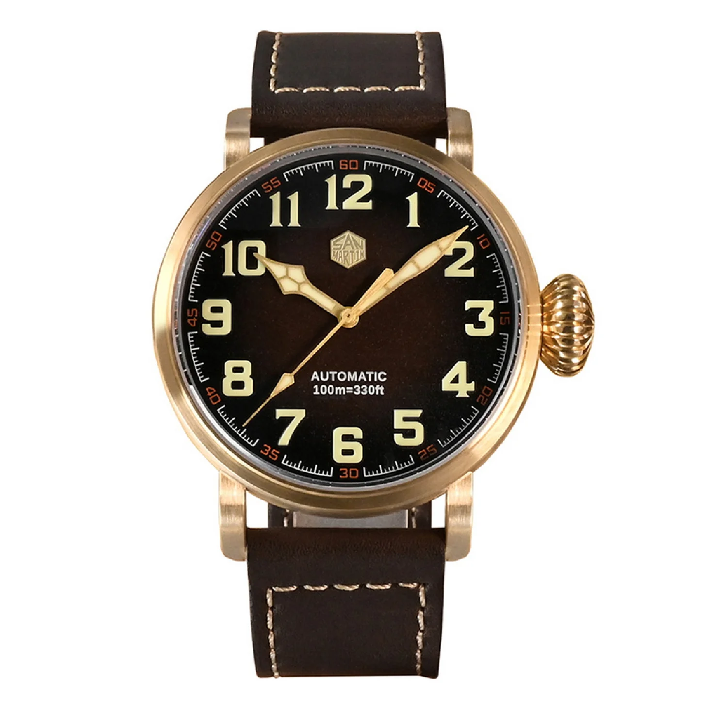 

San Martin Men Automatic Watch Bronze 45MM Pilot Mechanical Wristwatch Sport Sapphire 100m Waterproof Luminous Onion Crown YN55