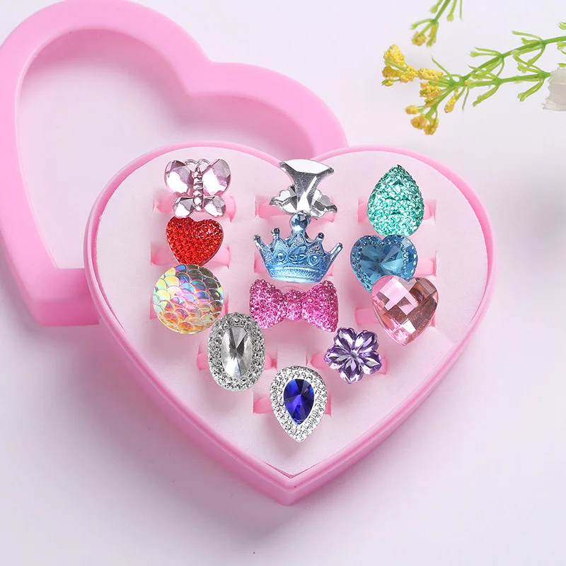 

12PCs/box Mix Finger Jewelry Display Rings Kid Girls Toys Gift Cartoon Resin Rings For Kids Candy Color Flower Animal Ring Sets