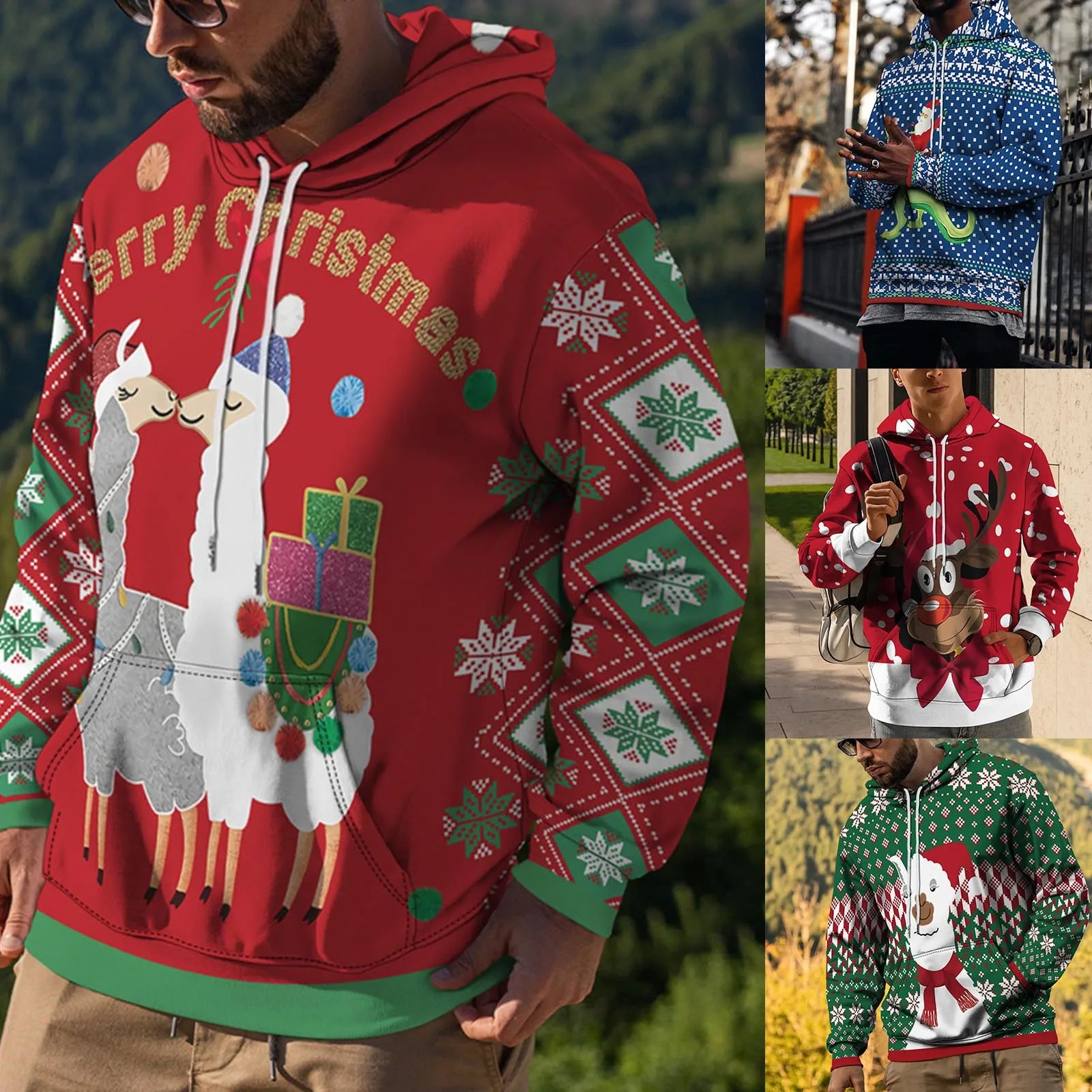 

Толстая флисовая мужская толстовка с капюшоном и рождественским принтом