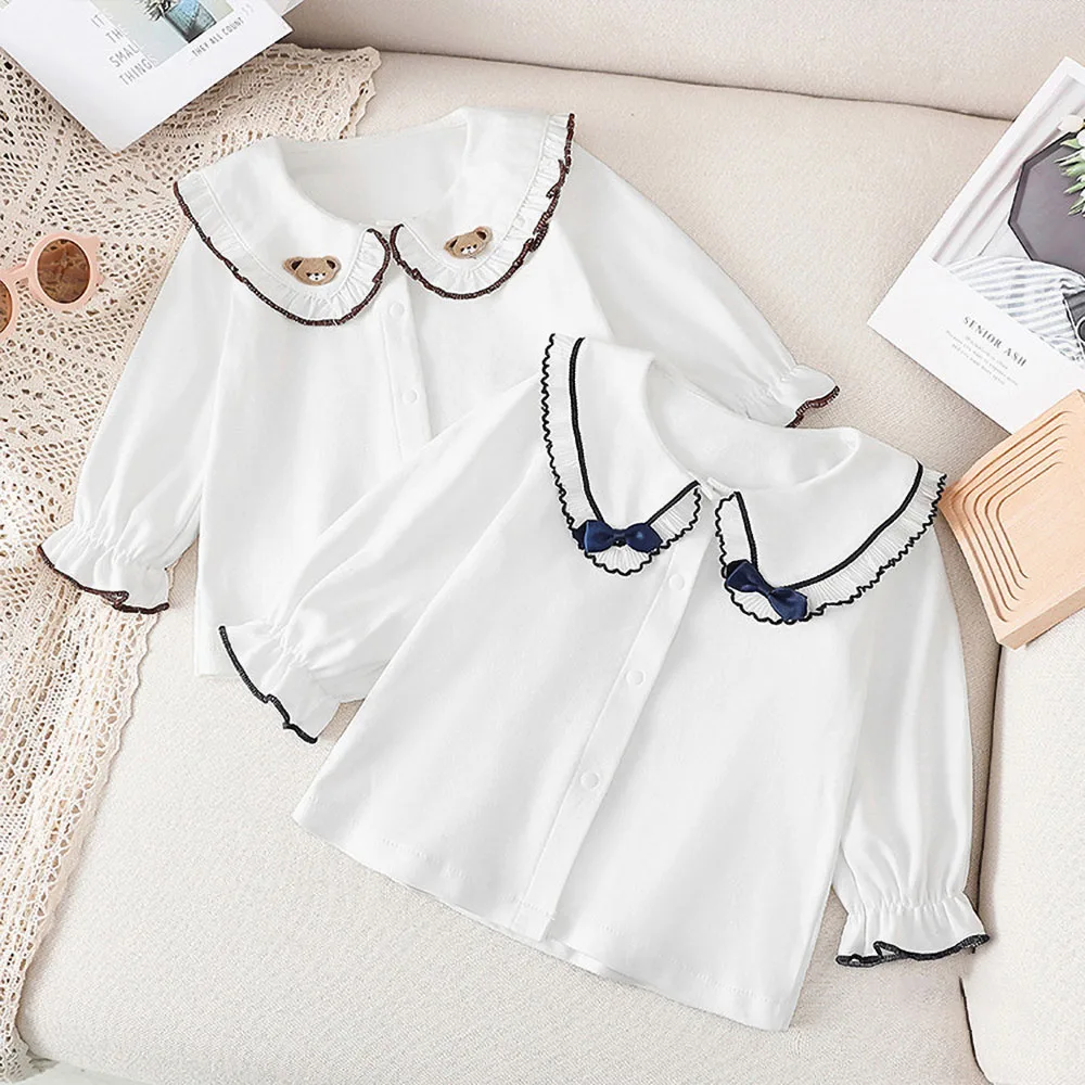 

Детские рубашки Новинка Весна 2022 белая рубашка с милым медведем для девочек простые и универсальные детские топы с длинным рукавом