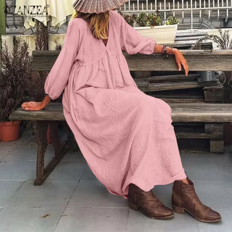 

Stylish Puff Sleeve V Neck Maxi Long Dress ZANZEA Women Autumn Sundress Female Solid Cotton Linen Dresses Holiday Vestido Robe 7