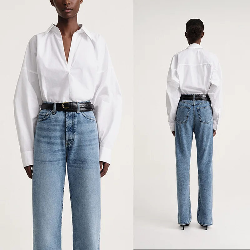 

Women White Silhouette Cotton Shirt tops V-neck Long Sleeve Simple casual Office Lady Loose Blouse