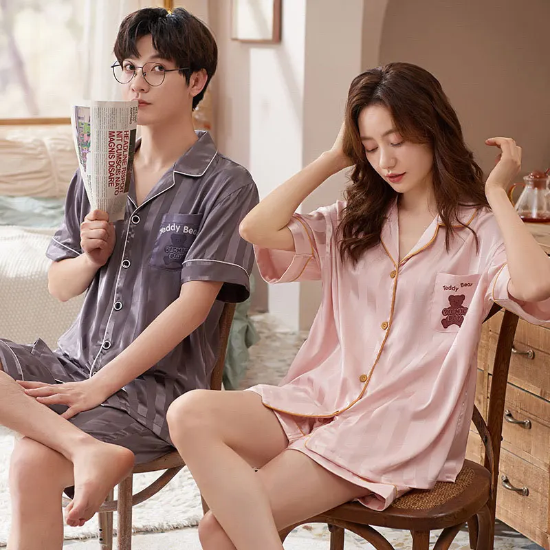 Pajamas For Men and Women Summer Satin Couple Pijama Shorts Lounge Male Home Clothes Suits Silk Sleepwear Couples Pajama Sets