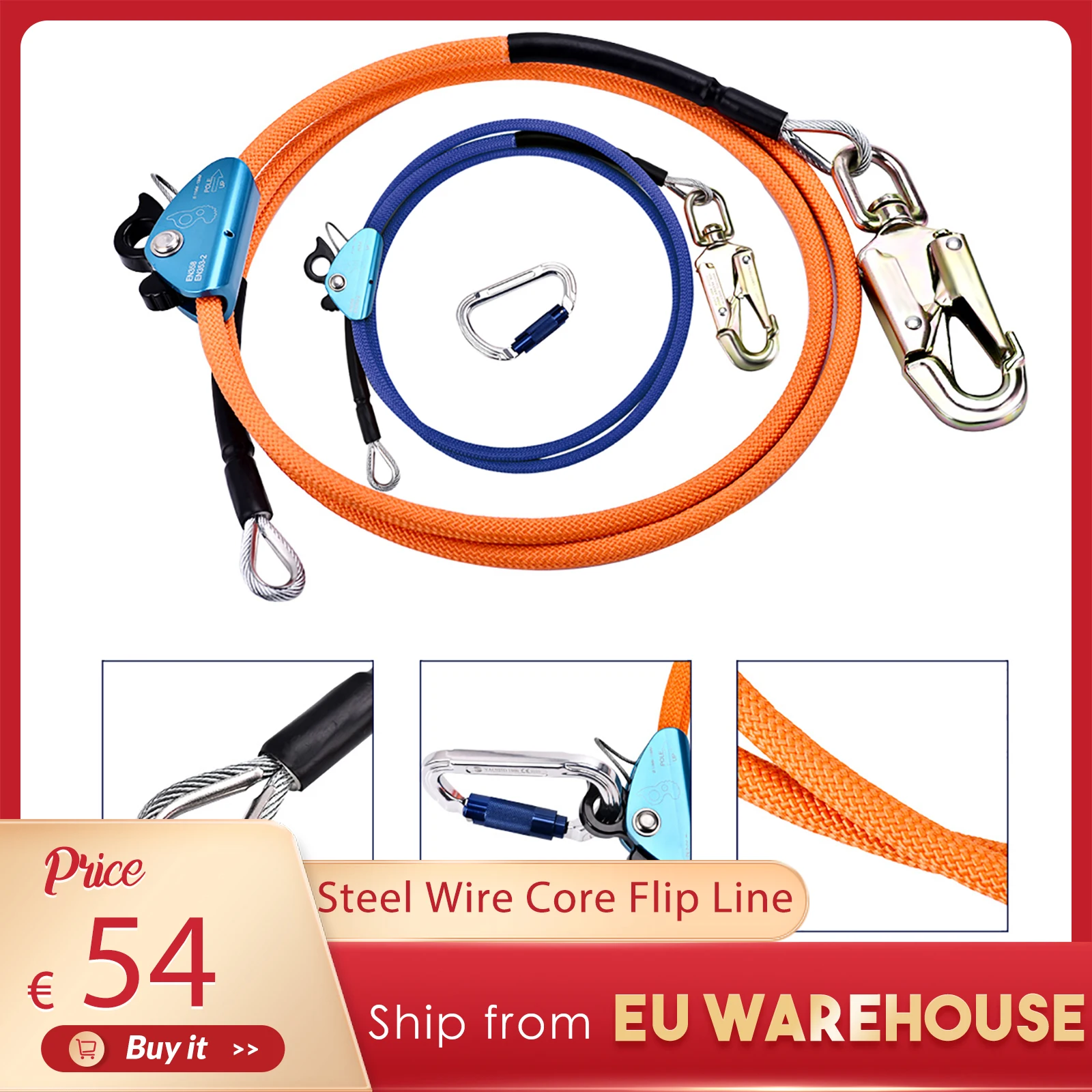 Wire-Core Flip Line Kit with Triple Lock Carabiner, Adjustable Lanyard, Low Stretch for Fall Safeguard Tree Inspection Climber