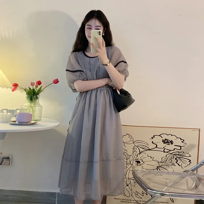 

Hepburn Style Puff Sleeve Woman Dress Summer 2022 New Slim Waist Robe Color Matching Short Sleeve Long Vestido Feminino