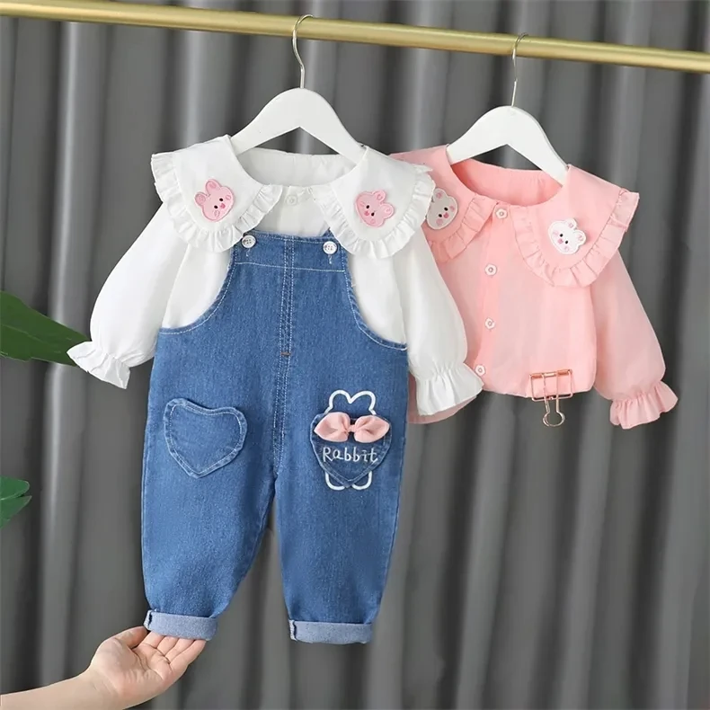 

Cute Baby Girl Clothes Outfit 2022 Fold Collar Rabbit Long Sleeve Bib Trousers Clothing for Toddler Girls Suit 1 2 3 4 Years