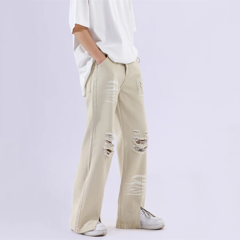 Men Jeans American High Street Ripped Jeans Men's Ins Trousers Slit Straight Pants Couple Casual Trousers INS Hot Sale HIP HOP