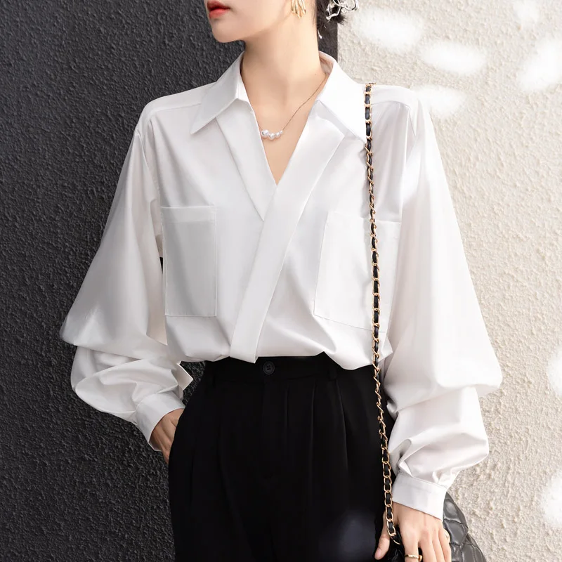 Модная женская блузка с отложным воротником белая длинным рукавом рубашка