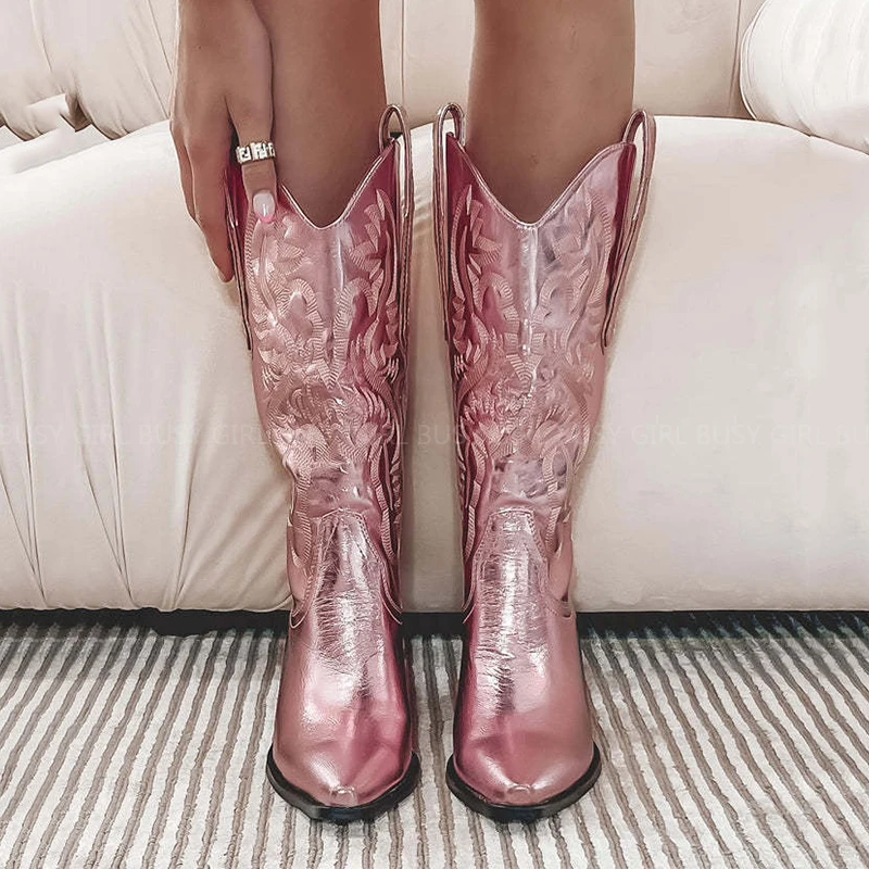 

Pink embroidered solid color net red with the same western cowboy boots 43 size white mid-tube rider boots