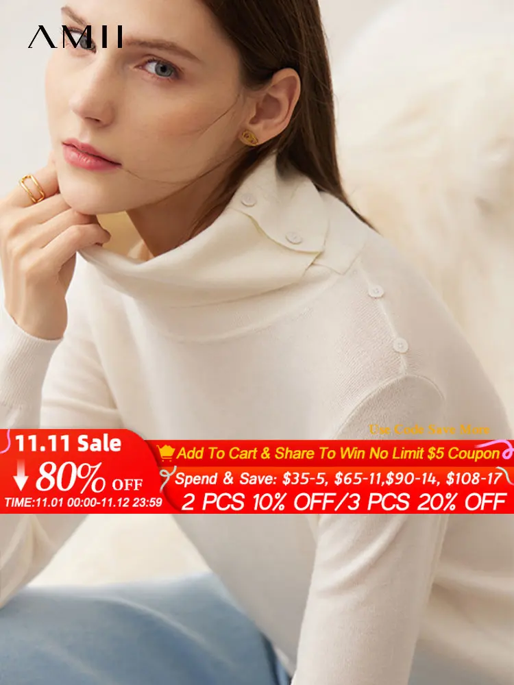 

AMII Minimalism Sweater Women 2022 Winter Slim Solid Turtleneck 100% Wool Warm Elegant Fashion Commuter Pullover Tops 12241228