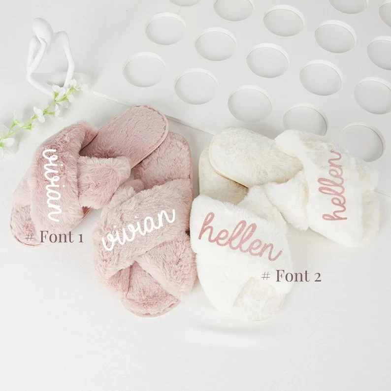 Personalized Bridesmaid Slippers Wedding Fluffy Custom Bride Bridal Shower Slipper Bachelorette Party Womens Maid of Honor Favor