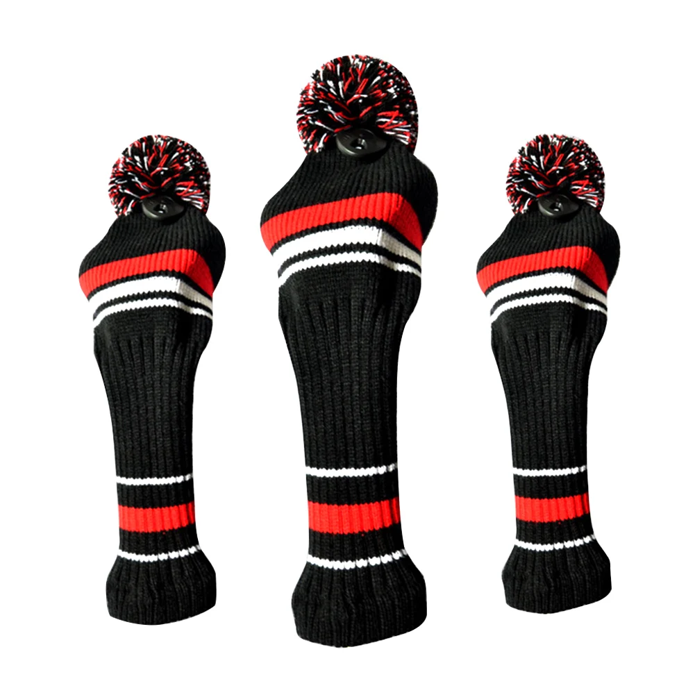 

3pcs Dustproof Protective For Driver Washable Anti Scratch Knitted Long Neck Accessories Golf Headcover Set Big Pom Pom Soft