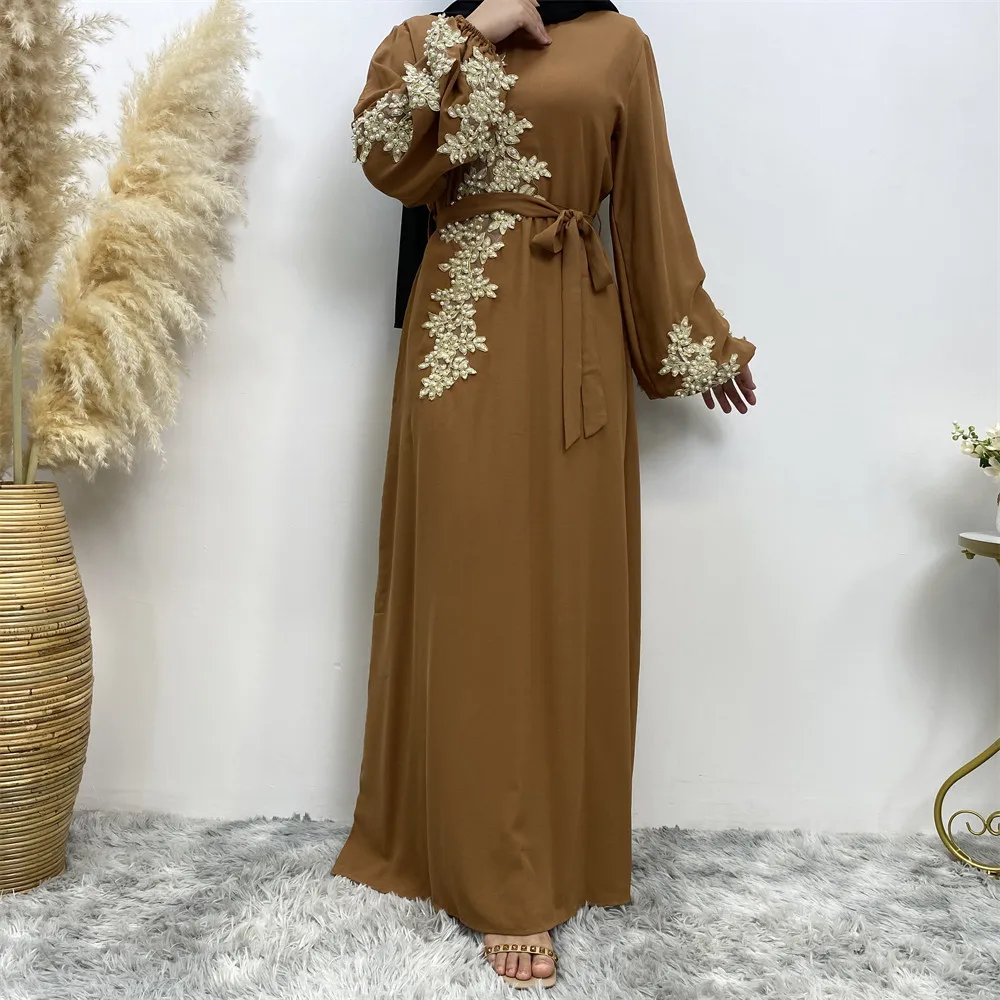 2023 New Long Dress Middle Eastern Arab Women's Fashion Lace Appliqué Beaded Muslim Dress Hija Muslims for Women Abaya Dress