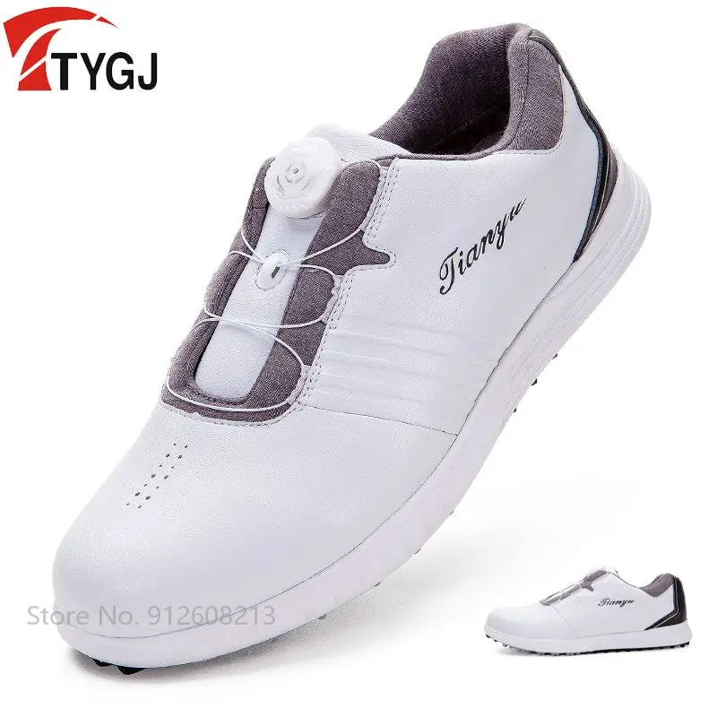 

TTYGJ Men Breathable Golf Trainer Waterproof Male Golf Sneaker Quick Lacing Shoes Anti-skid Spikes Training Shoes Soft Footwear