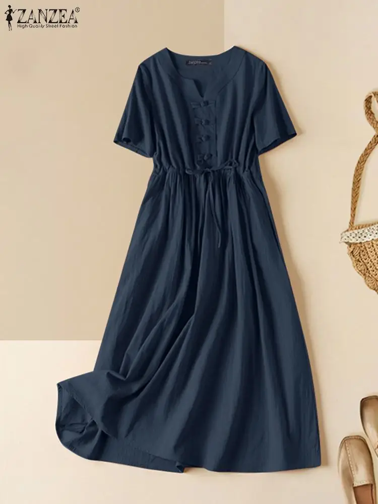 

ZANZEA Short Sleeve Button Knot Vestidos V-neck Casual Long Robe Solid Color Vintage Midi Dress Drawstring Elegant Women Dress