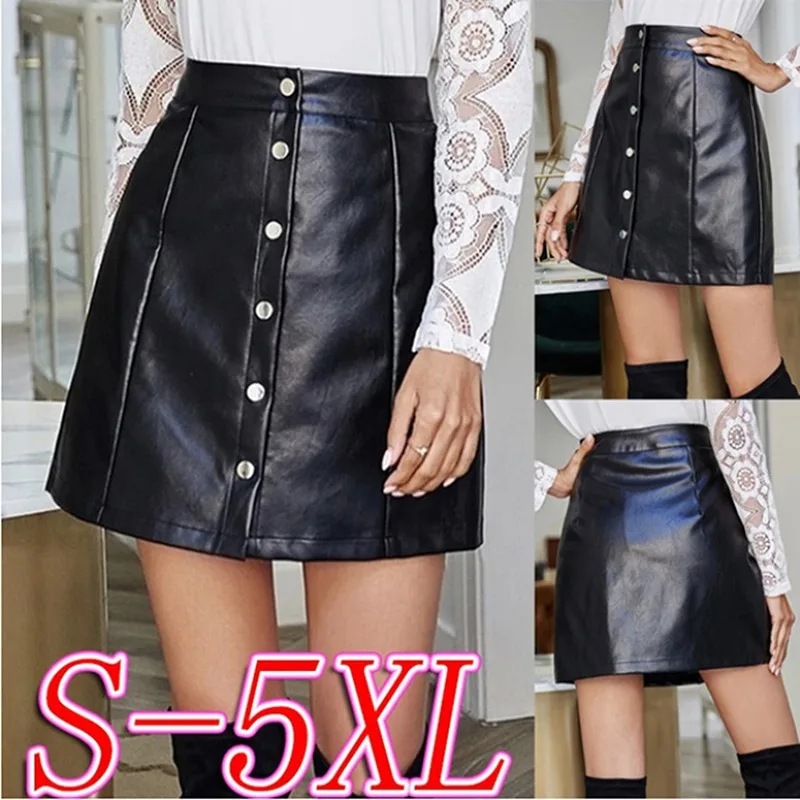 

Black PU Leather Skirt Women Midi Sexy High Waist Buttons Bodycon Short Skirt Sexy Femme A-line Women Elegant Skirt Over Knee