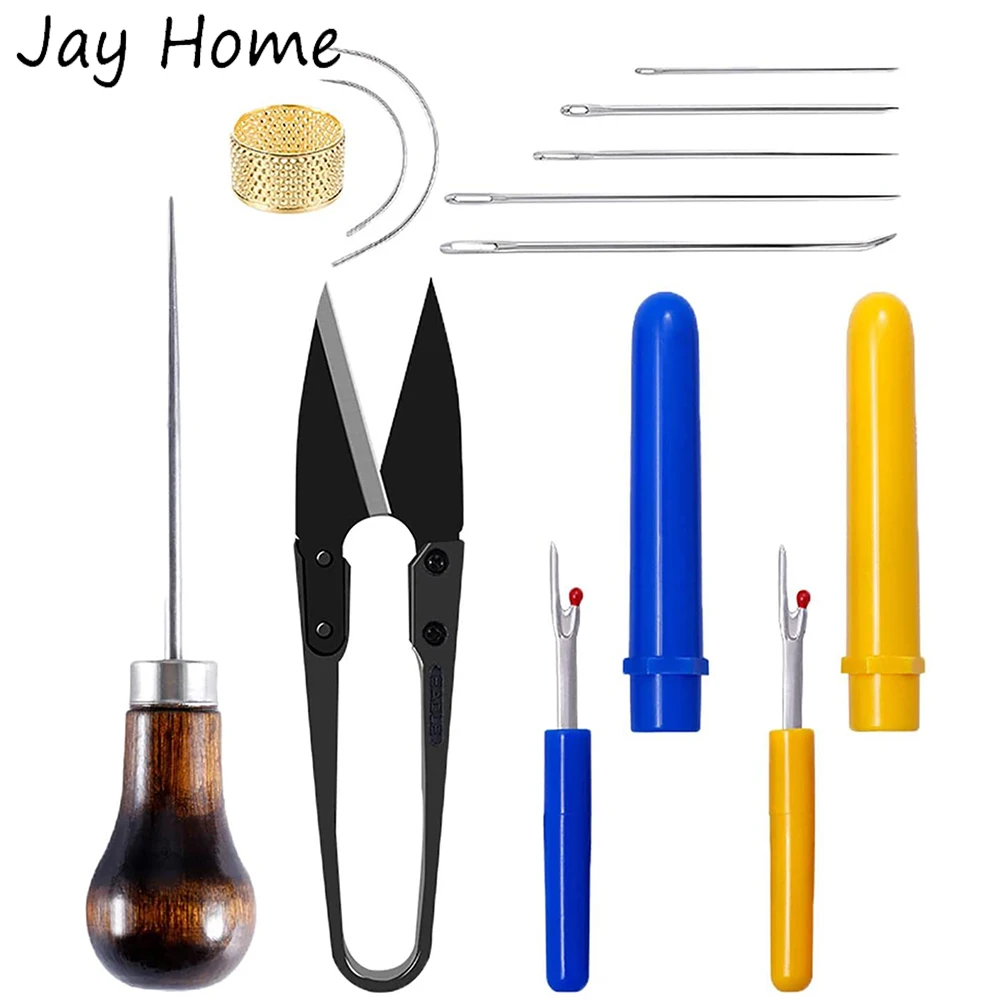 

12Pcs Leather Sewing Tools Kit Curved Needles Gourd Awl Leathercraft U Scissors Seam Ripper for Quilting Repairing Stitching
