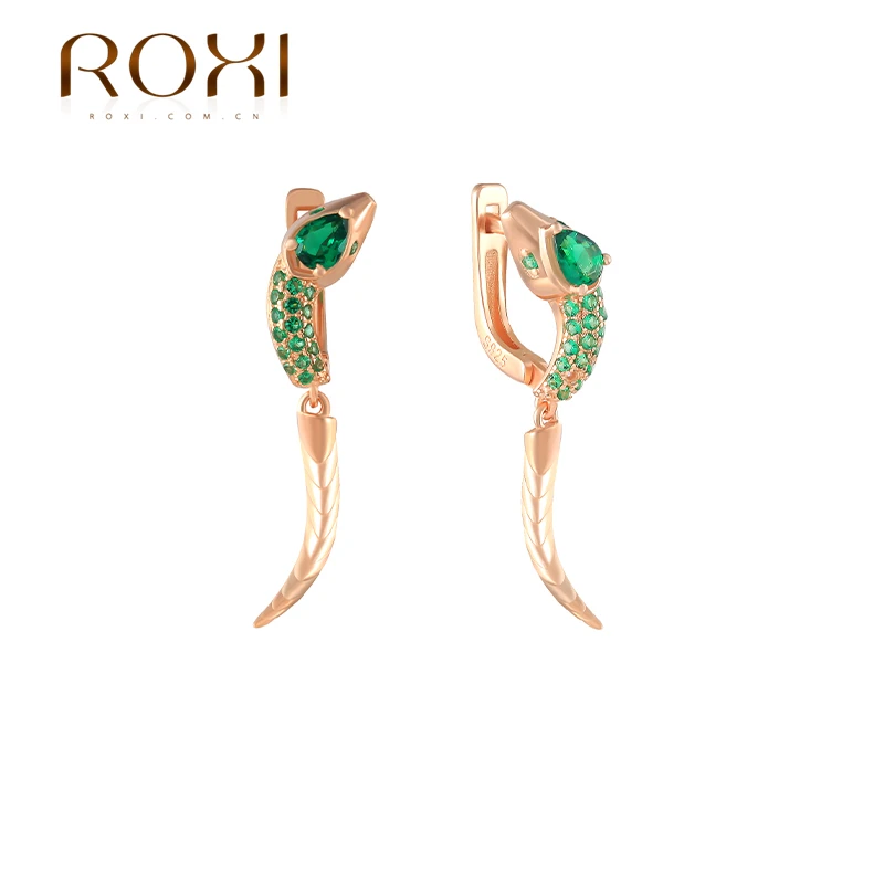 

Серьги-гвоздики ROXI с зеленой лягушкой и змеей из стерлингового серебра цвета шампанского золотого цвета в европейском стиле женские серьги...