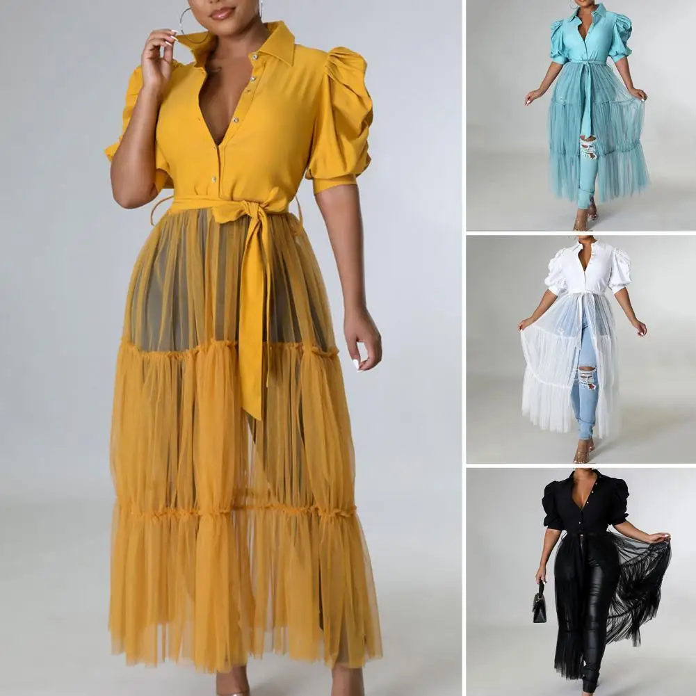 

Women Coat Cardigan Mesh Short Sleeves Single-breasted Bubble Sleeves Summer Tops Female Clothes