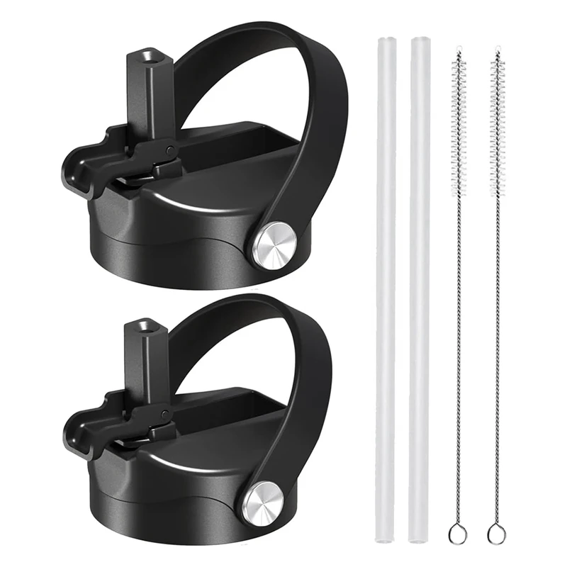 2Piece Straw Lid For Hydro Flask Wide Mouth 12Oz 18Oz 32Oz 40Oz 64Oz, Black PP+TPR