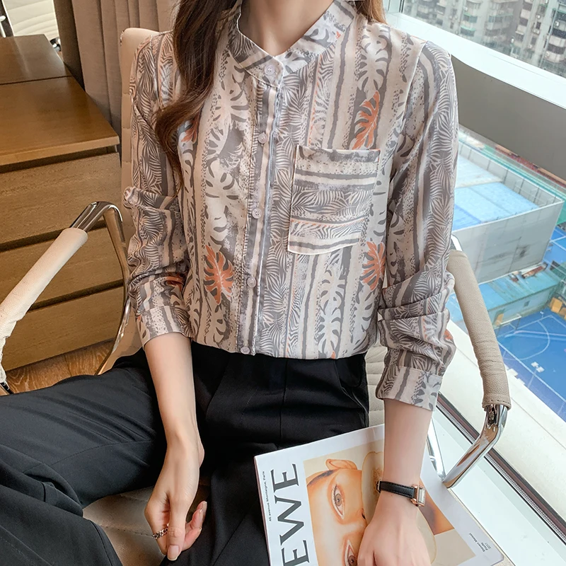 

Женская шифоновая блузка с длинным рукавом и принтом, свободного покроя